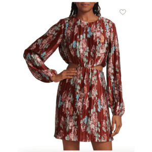 WAYF red floral pleated cut out mini dress puff sleeve‎ womans XS GUC